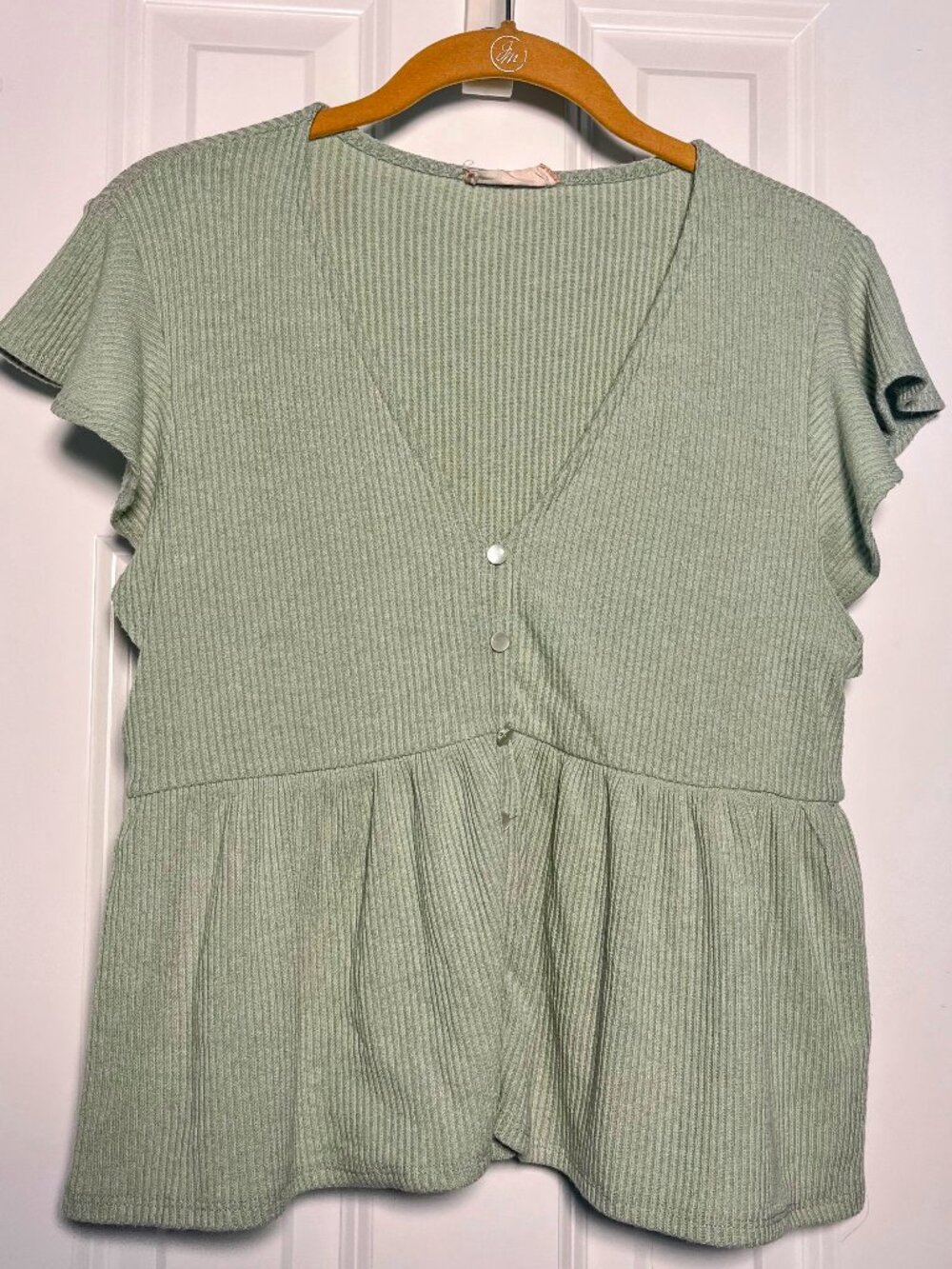 Altar'd State Peplum Top L Sage Green Ribbed Knit Pearl Buttons Coquette